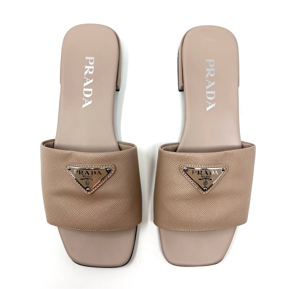 Prada Beige Nude Tan Saffiano Leather Triangle Logo Flat Slides Sandals 37 7
